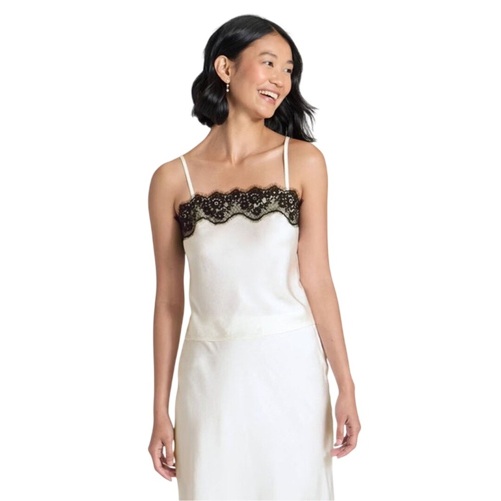 A‎ New Day Women's White Black Lace Trim Textured Camisole Tank Top Size L